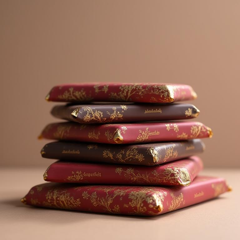 A stack of beautifully wrapped innovative gourmet chocolate bars